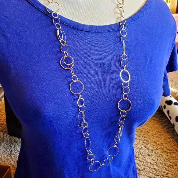 NY New York & Co Gold Tone 34" Geometric Link Strand Necklace Simple Casual - Picture 2 of 3